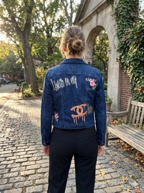 Upcycled Madden Girl “I swear on my Chanel” on Dark Blue Denim